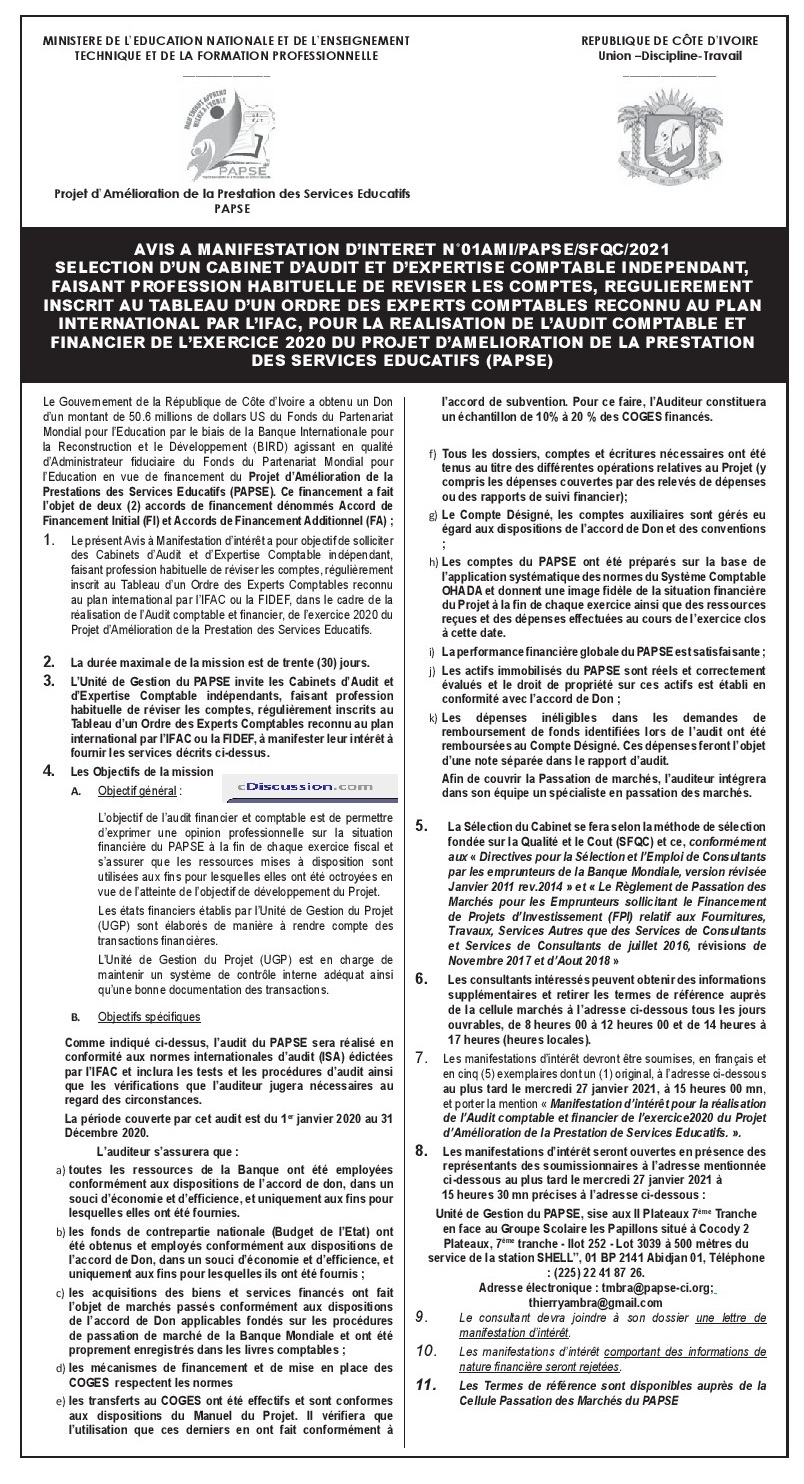 Recrutement de 01 Sélection d'un Cabinet d'Audit et d'Expertise Comptable Indépendant
